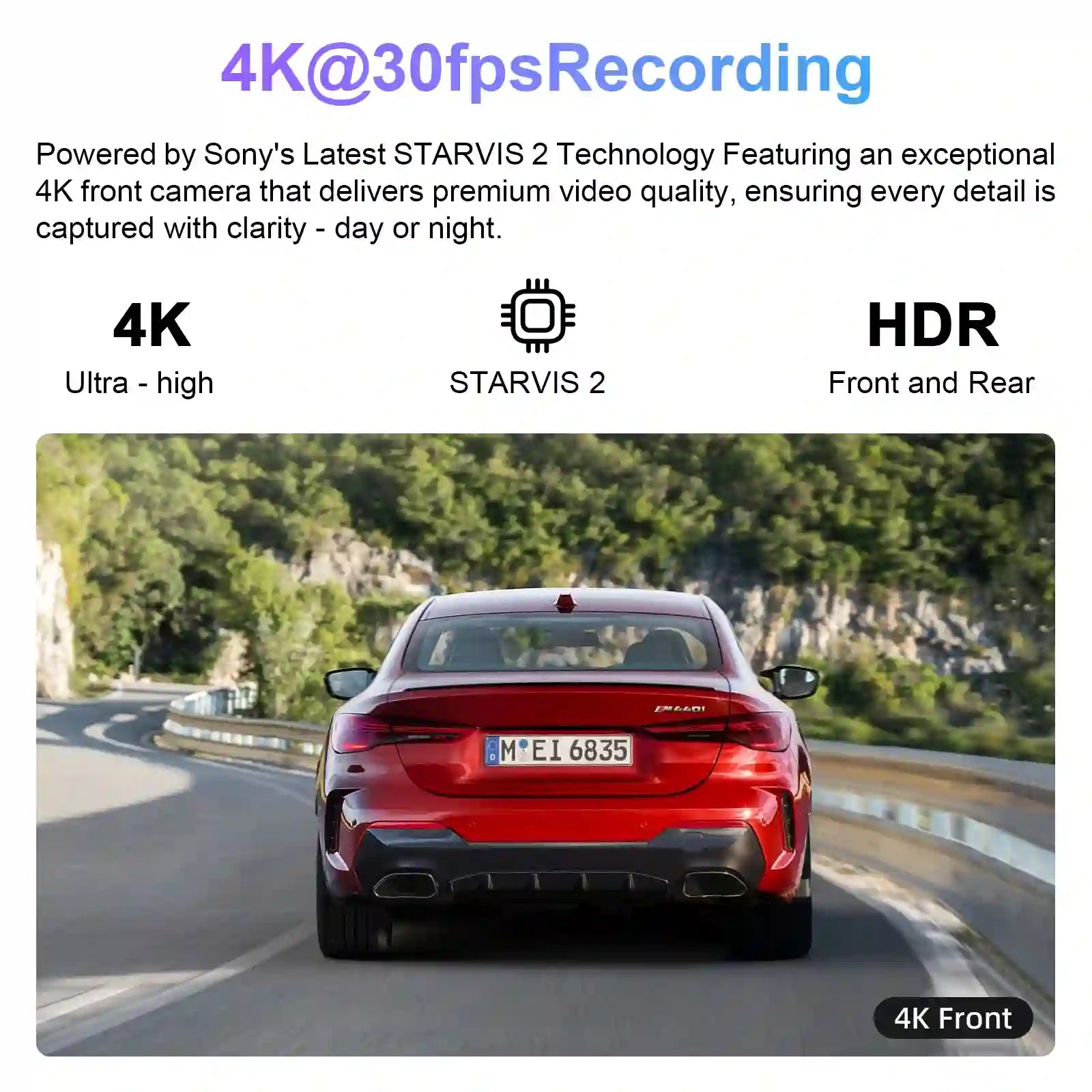Car driving on the road captured in 4K by a dash cam with Sony STARVIS 2 sensor, HDR, and high-quality front camera for clear