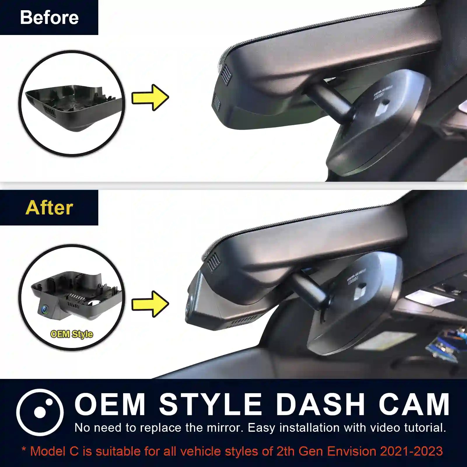 Before and after comparison of OEM style dash cam installation on a vehicle mirror.