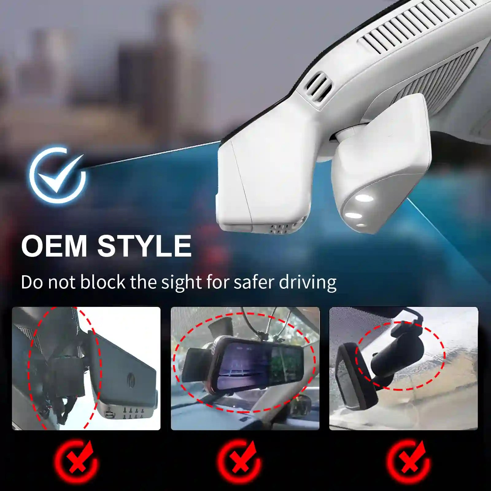 Mercedes benz gls camera  with a cityscape background, emphasizing safe installation for driver's visibility.  by mangoal