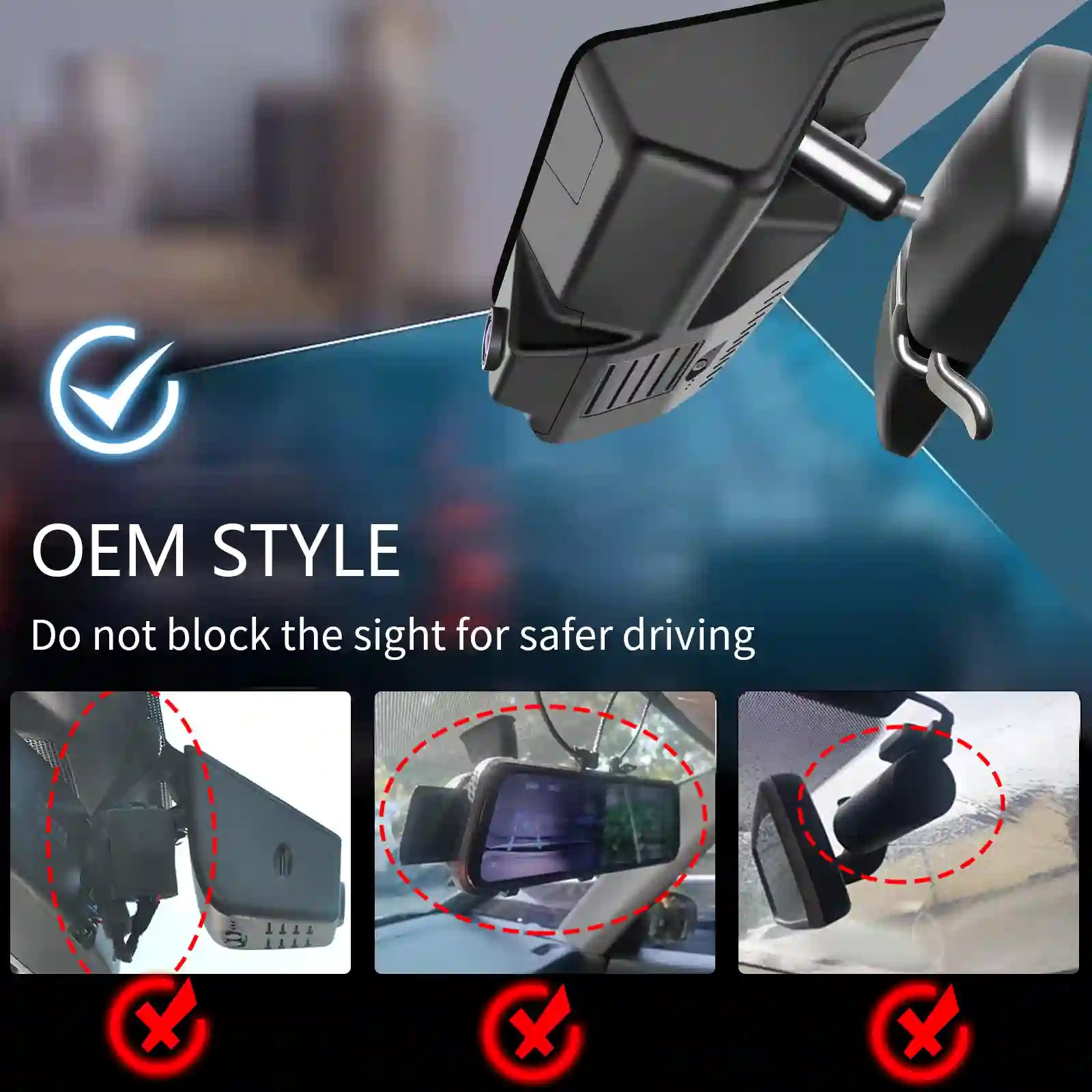 Honda Pilot, Honda Passport, Honda Ridgeiline rearview mirror with camera attachment on a blurred OEM style dash camera. 