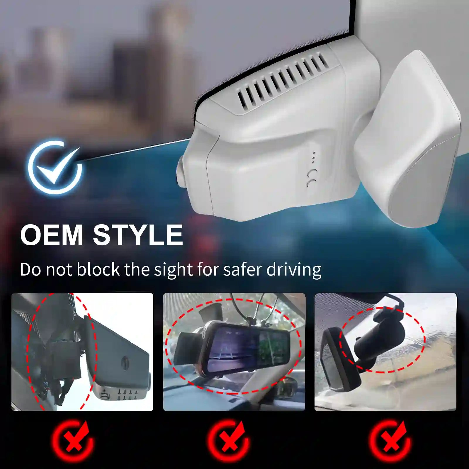 Mercedez benz Gray Car rearview mirror with a mounted device, emphasizing safe installation.