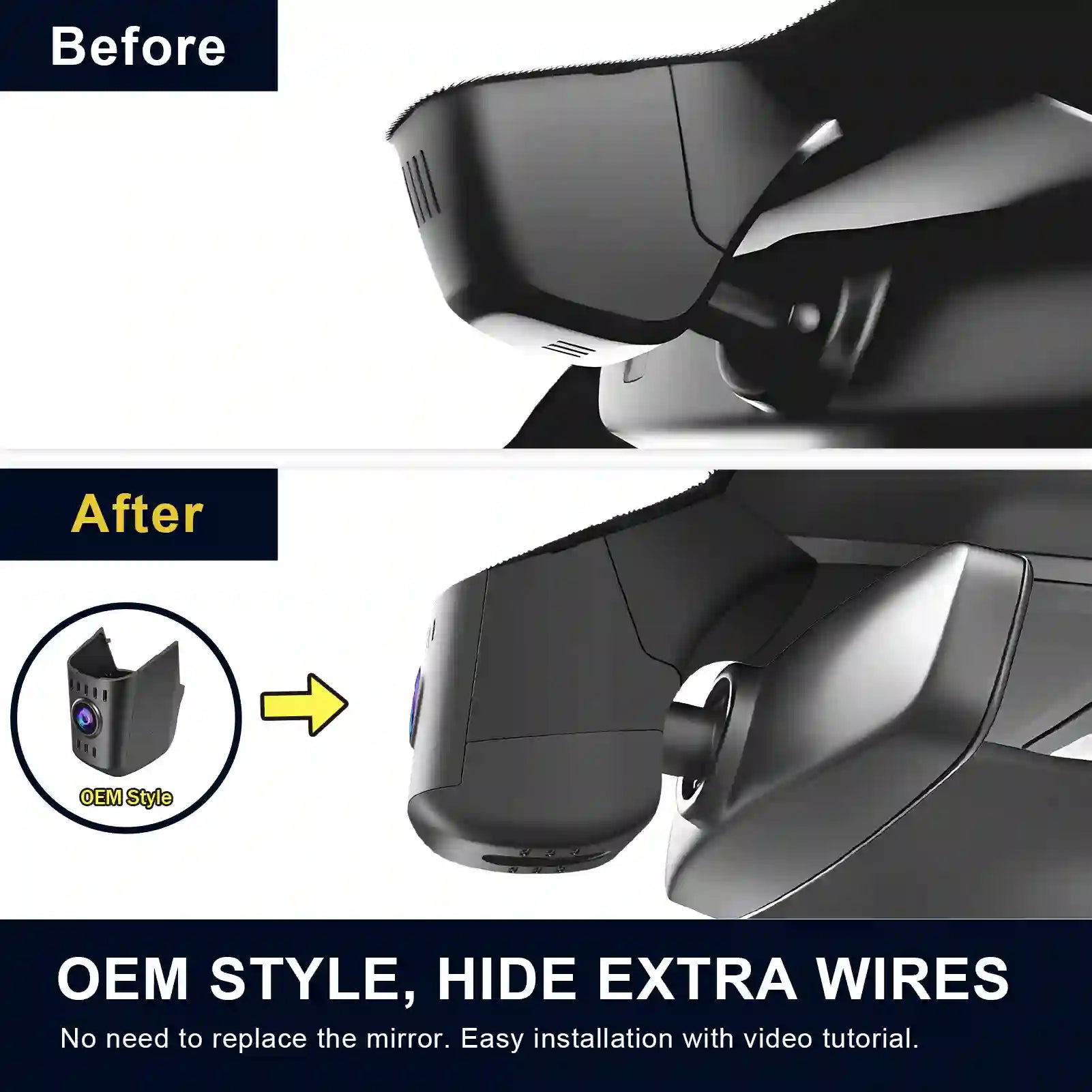 Before and after comparison of a car mirror with additional camera setup, highlighting 'OEM Style' and 'Hide Extra Wires' fea