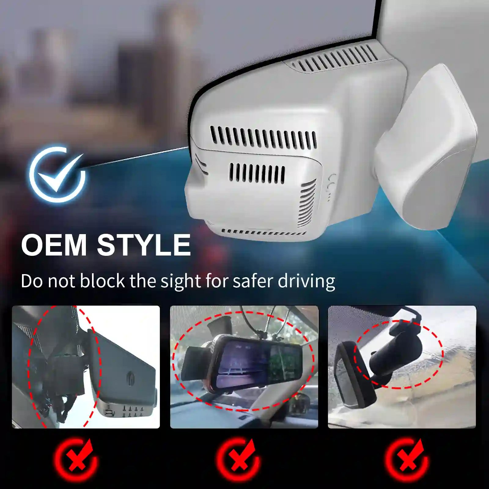 Mercedez benz gray OEM style Car dashboard camera with text 'OEM Style' and safety features on a blurred cityscape background.