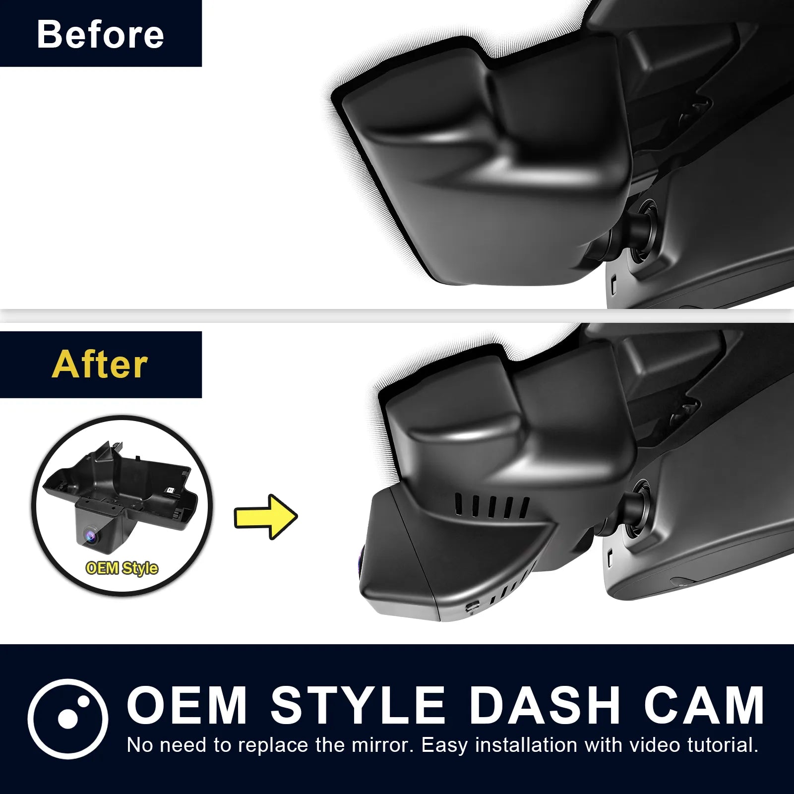 Comparison of a car mirror with and without an OEM style dash cam installation.