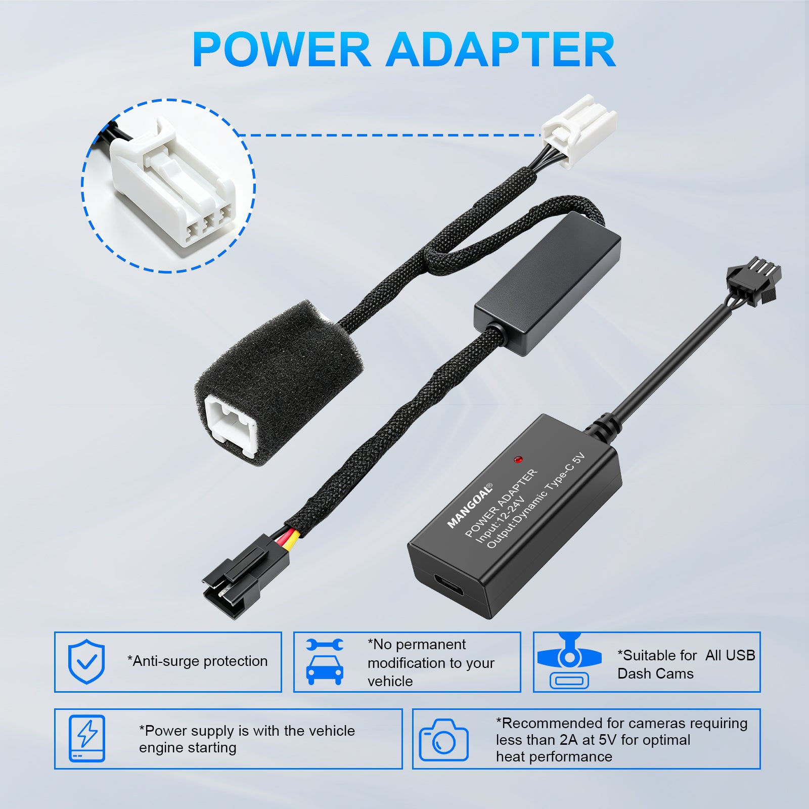 Mangoal Dashcam Power Adapter Custom for Honda, Compatible with Select Overhead Console (Dome Light) Styles, Hide Wires GPS Radar Dash Cam Adapter Cable, Connects to Factory Dome Light Connector