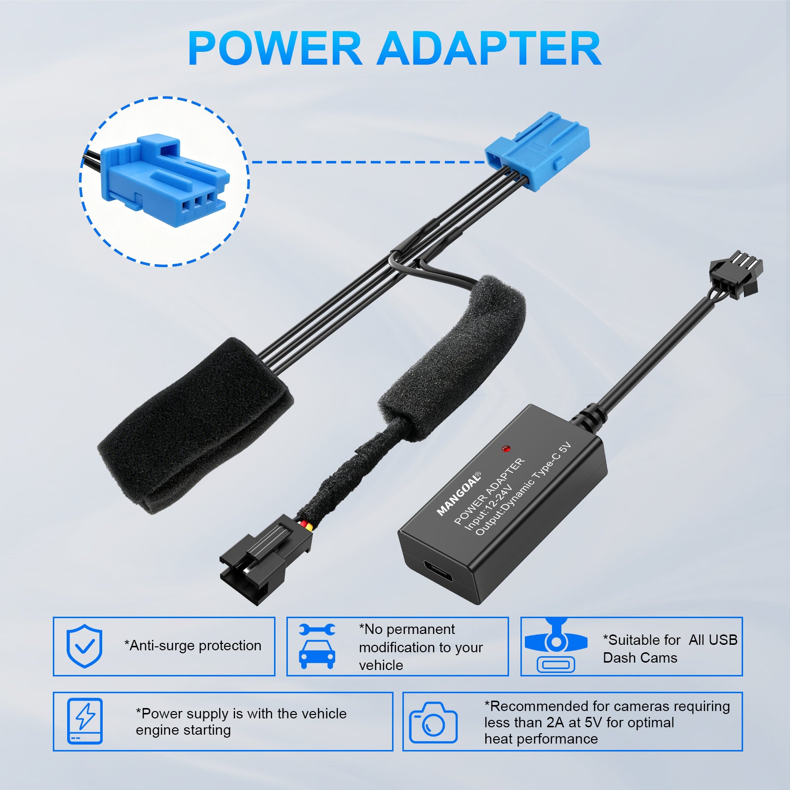 Mangoal Dash Cam Power Adapter for Land Rover & Jaguar with 3-Pin Blue Rain Sensor (Model B)– Hidden Cable Kit for GPS Radar Mirror Camera, Plug & Play
