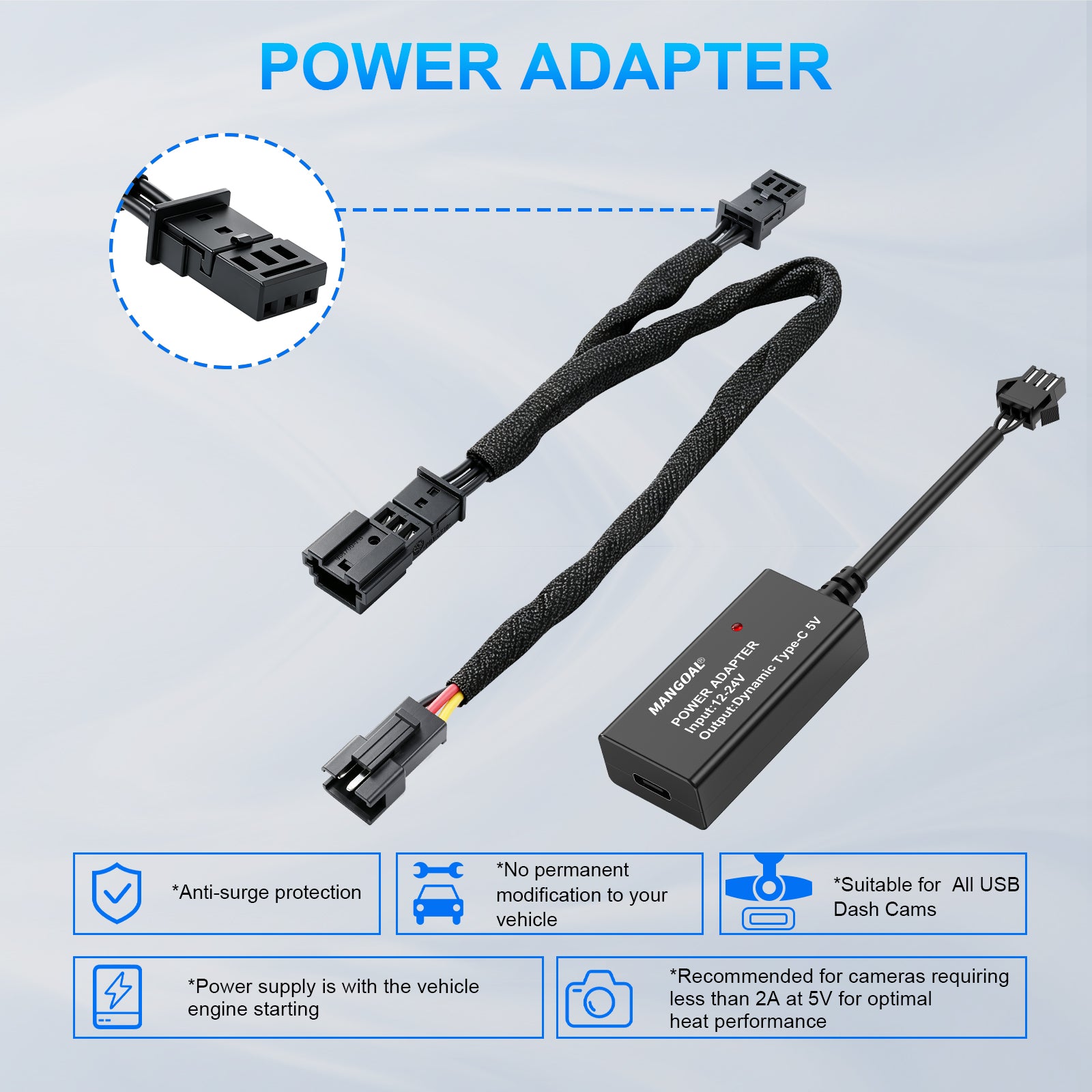 Mangoal Dash Cam Power Adapter for Land Rover with 3-Pin Purple-red Rain Sensor (Model C) – Hidden Cable Kit for GPS Radar Mirror Camera, Plug & Play