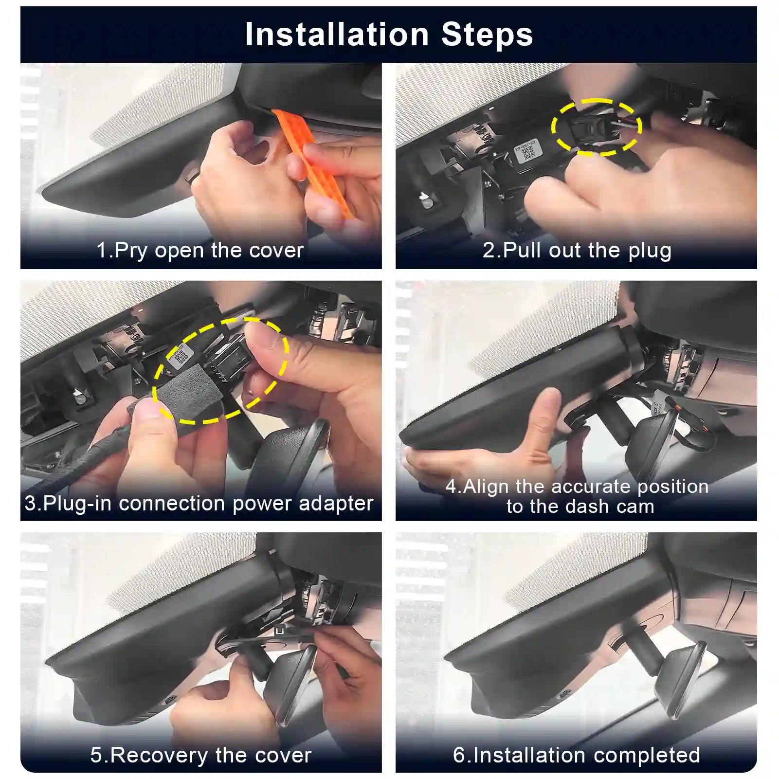 Step-by-step installation guide for a car dashboard camera system. by mangoal tech dash camera 