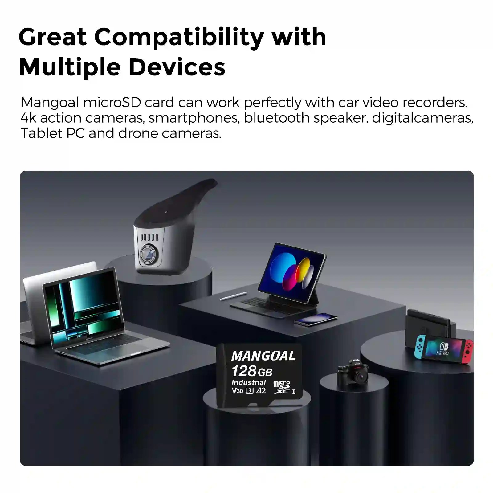Mangoal microSD card with compatible devices on a dark background mangoal dash cam