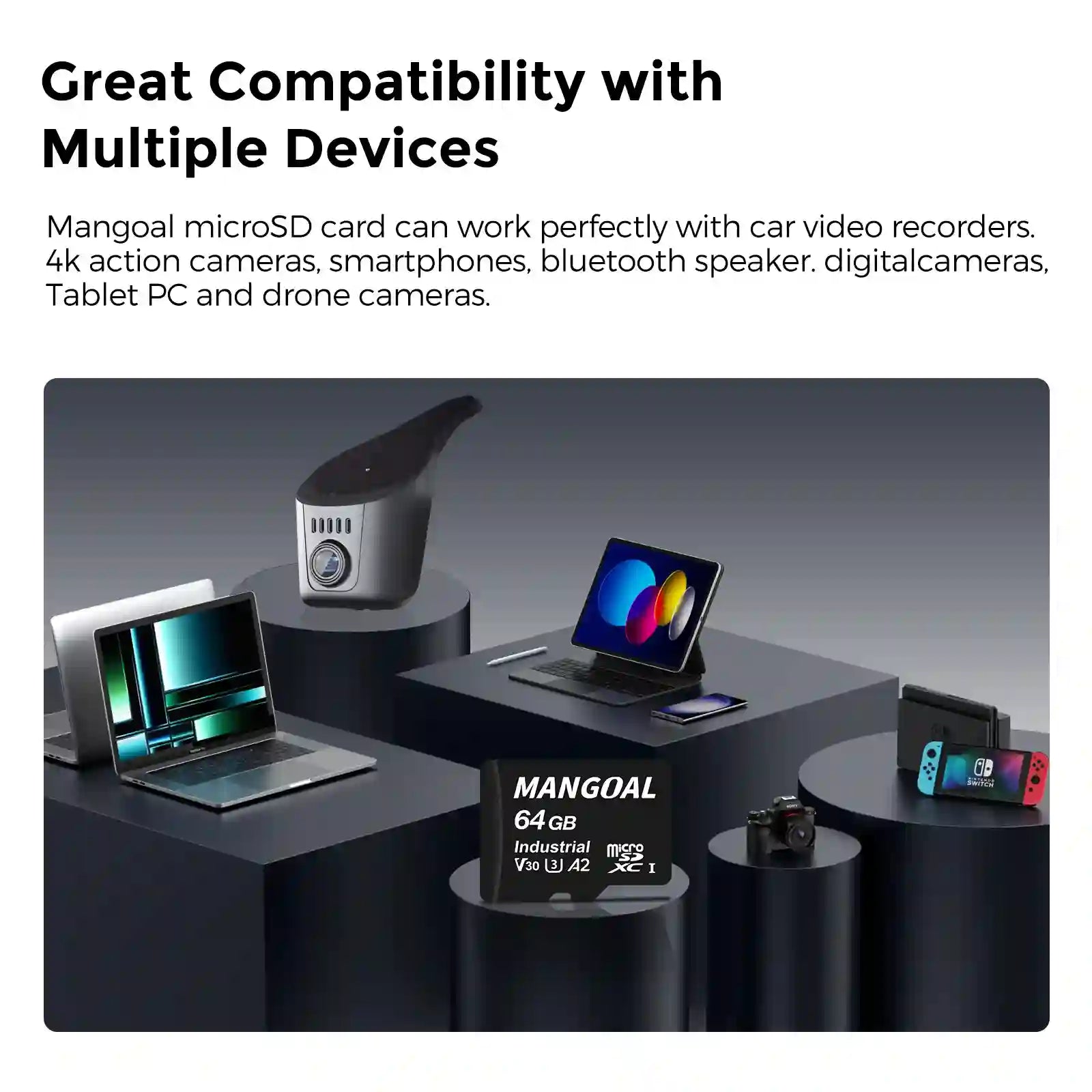 Mangoal microSD card with compatible devices on a dark background mangoal dash cam