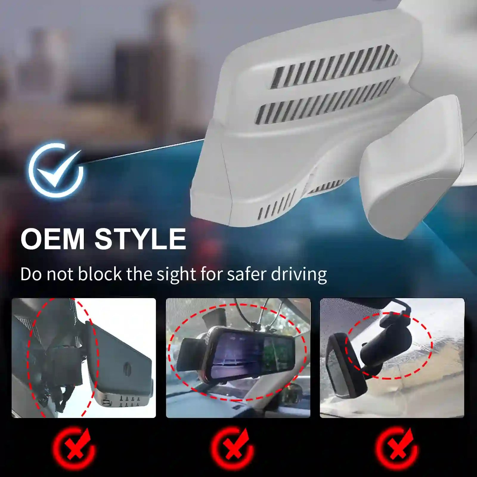 Car camera with a cityscape background, labeled 'OEM Style' for safer driving.