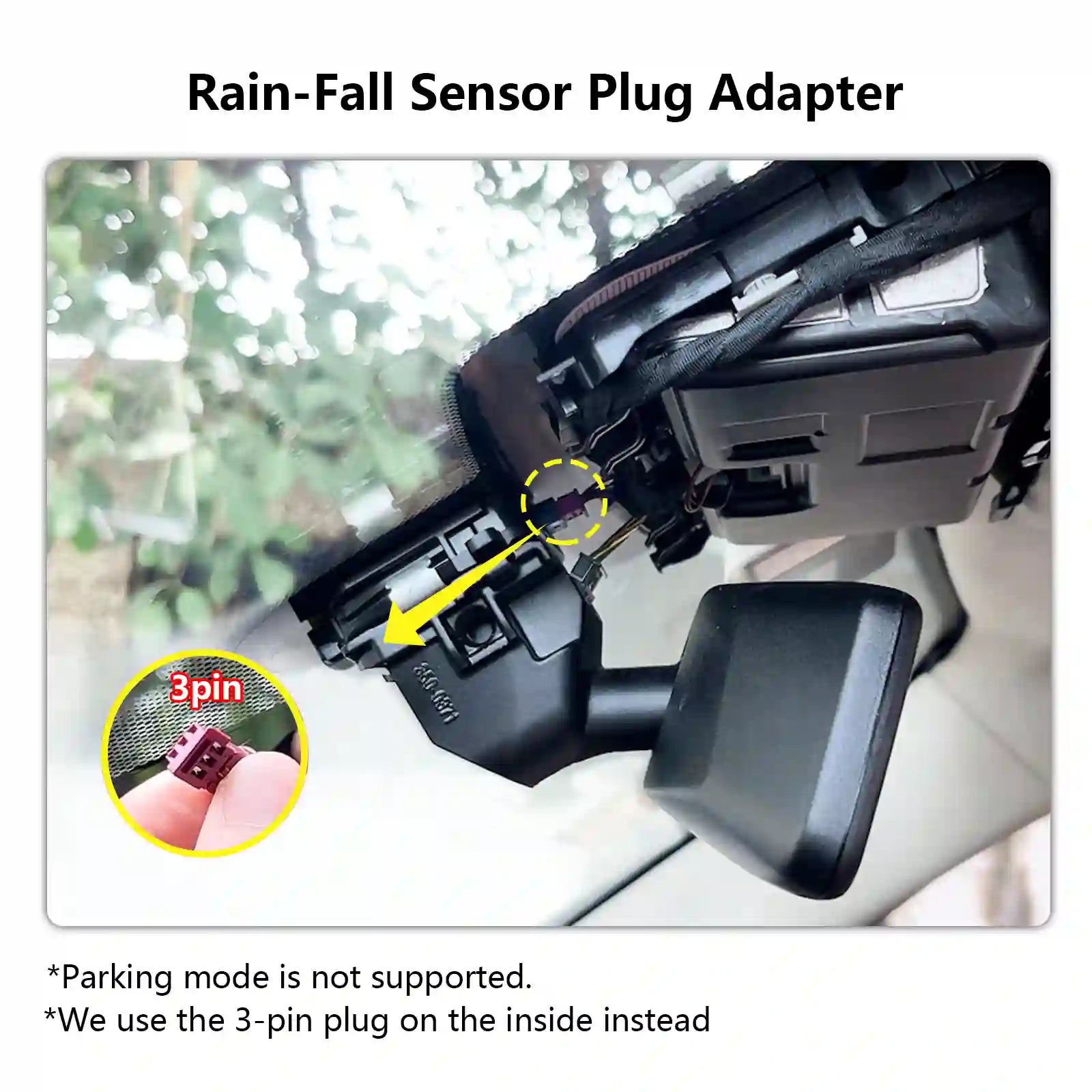 Rain-fall sensor plug adapter with close-up of 3-pin plug inside a car, showing how it connects.   For mangoal tech dash camera