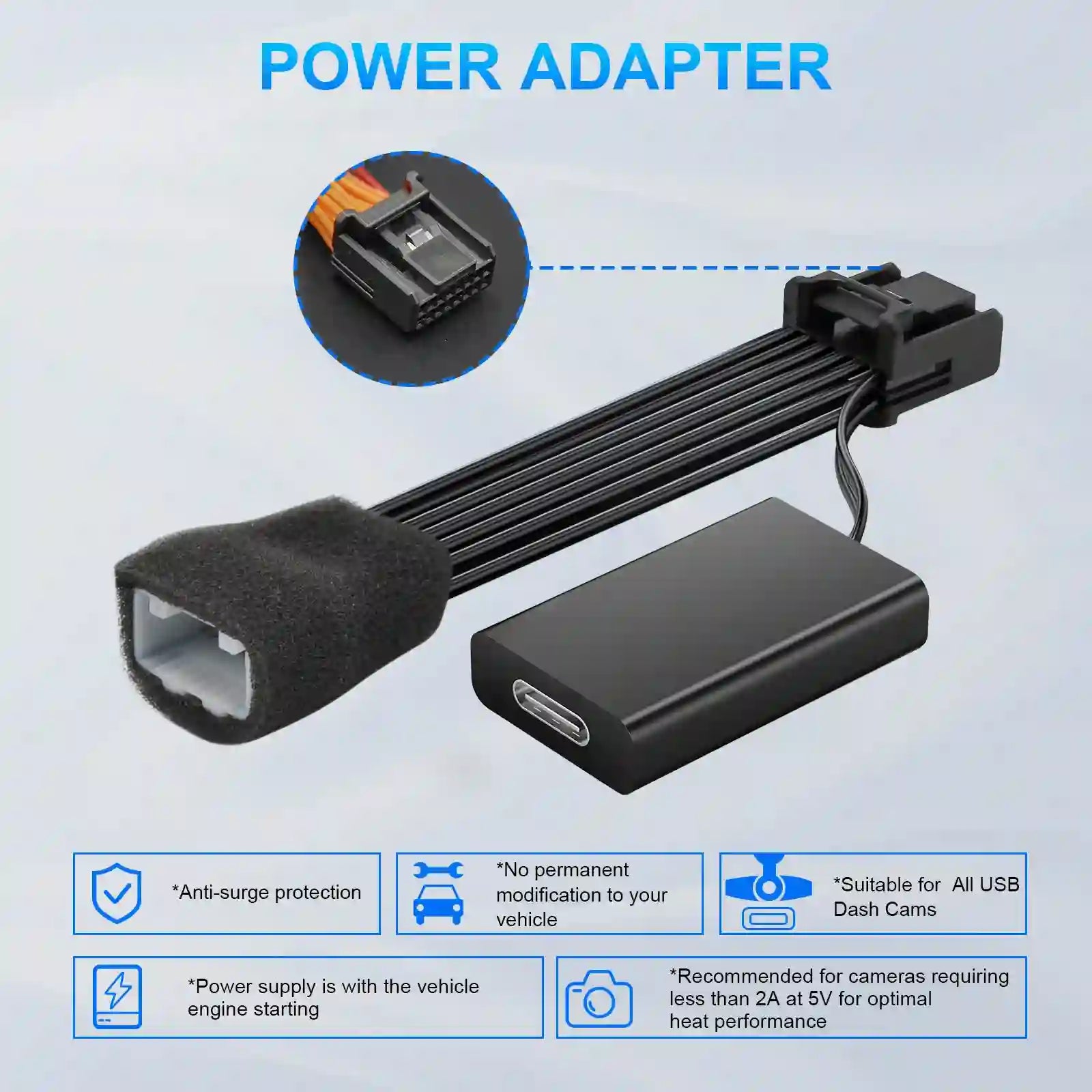 wifi dash cam front and rear power adapter 