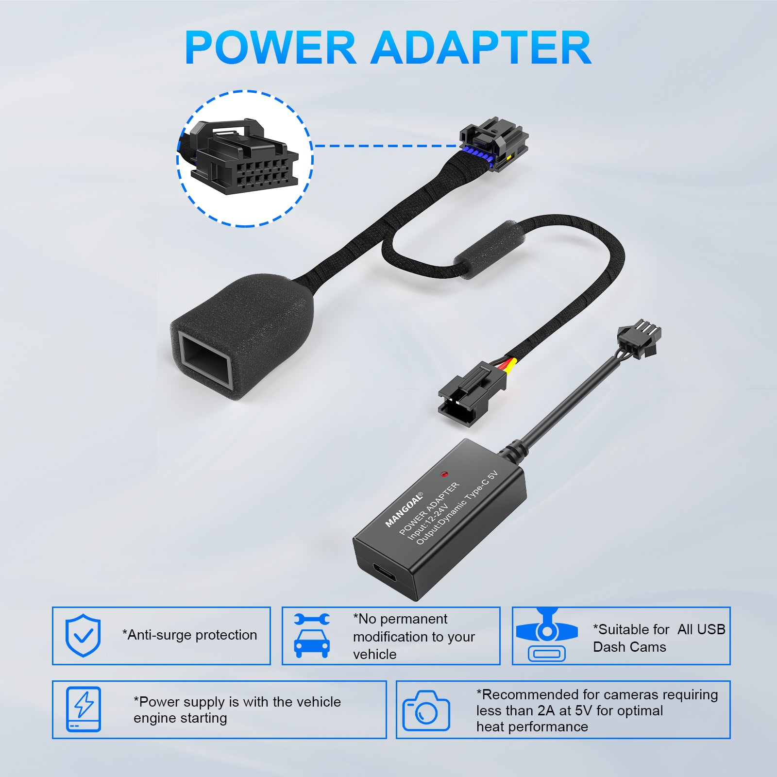 DashCam Power Adapter for Hyundai, Kia & Genesis with12-Pin Lane Keeping Assist Port (Model B)- Hidden CableKit for GPS Radar Mirror Camera, Plug & Play, ConnectorLocated on the Front of the Module