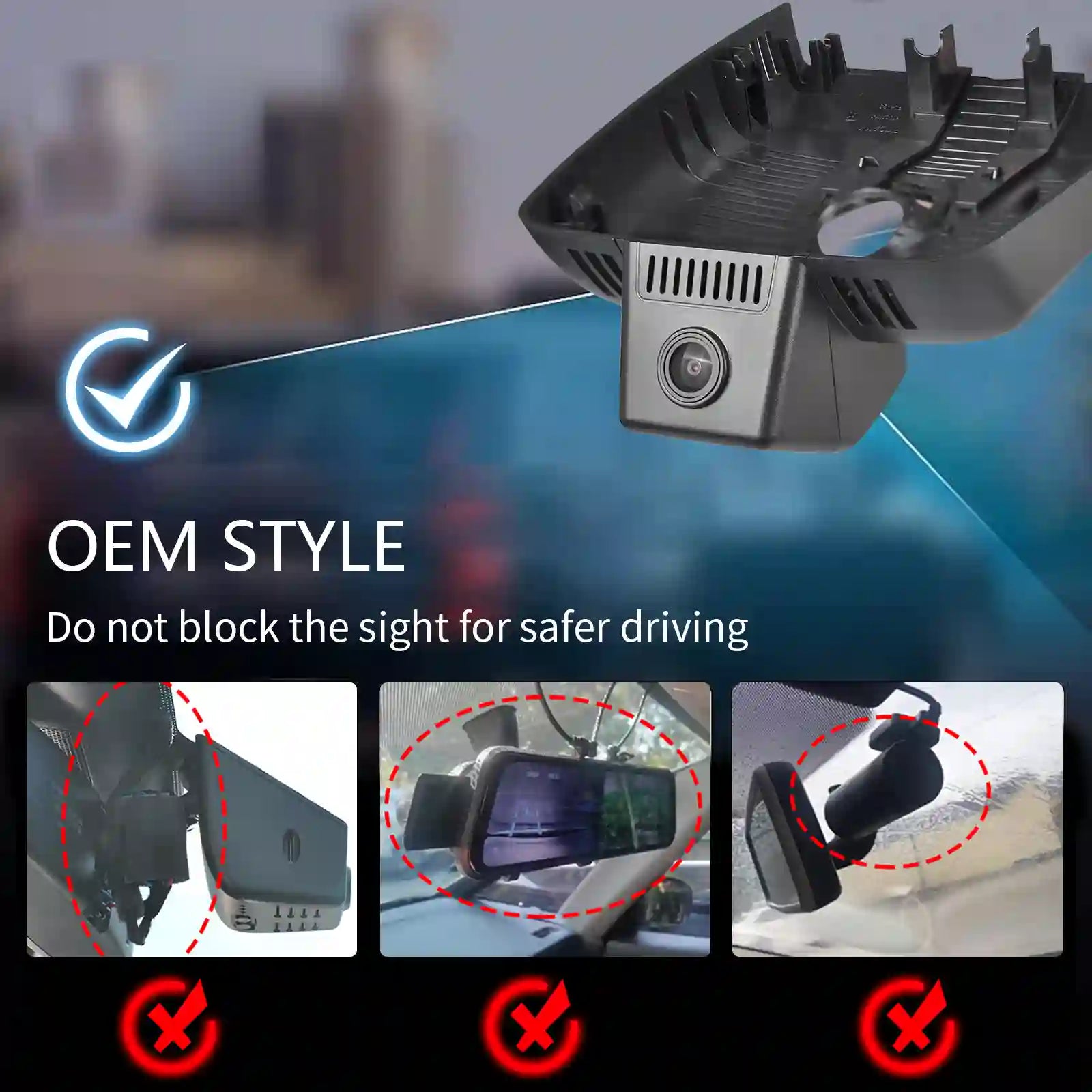 Car camera with instructions on safe installation and use, set against a blurred cityscape background.