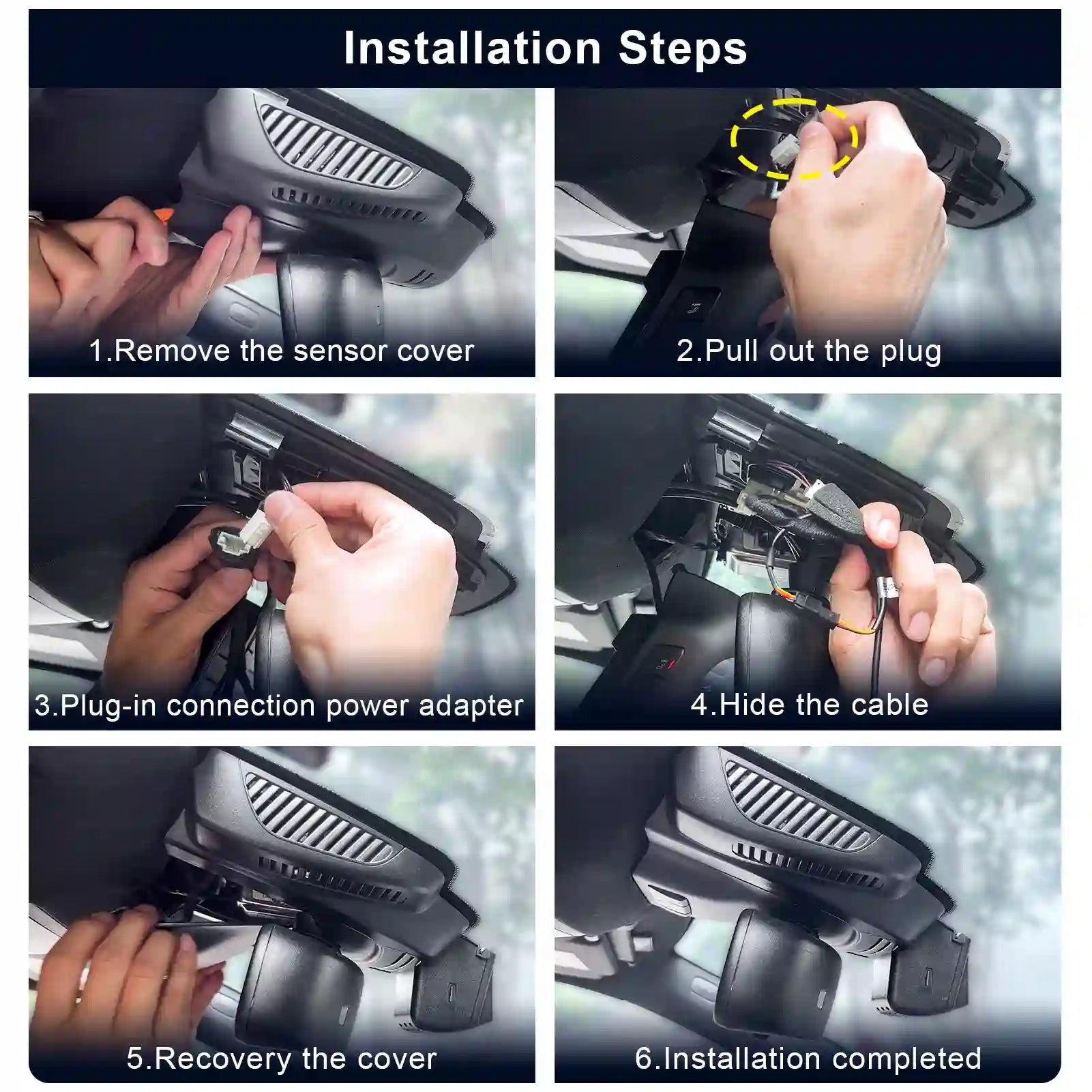 Step-by-step installation guide for a car sensor system.