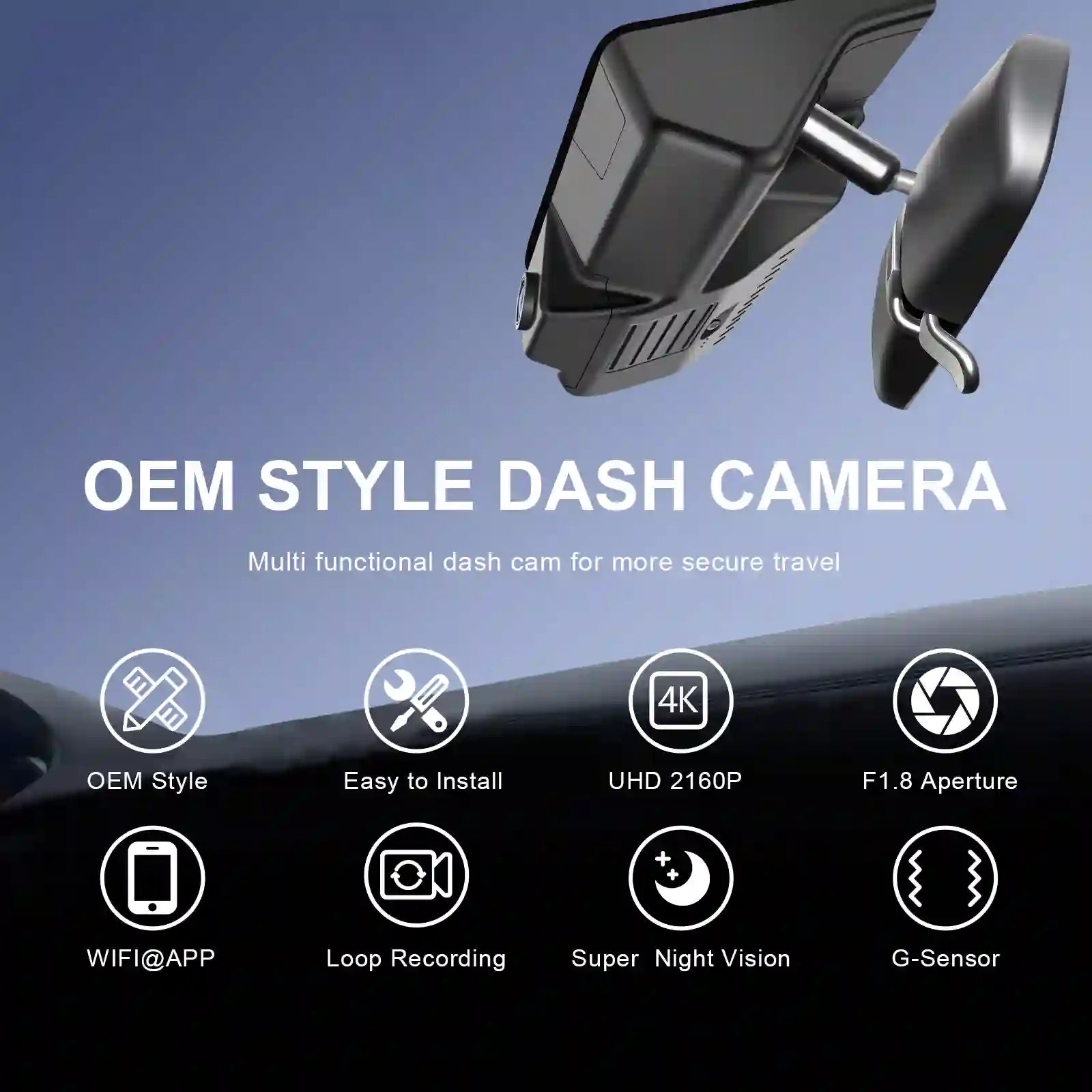 Honda Pilot Passport Ridgeline OEM style dash camera with features listed on a blue and black background
