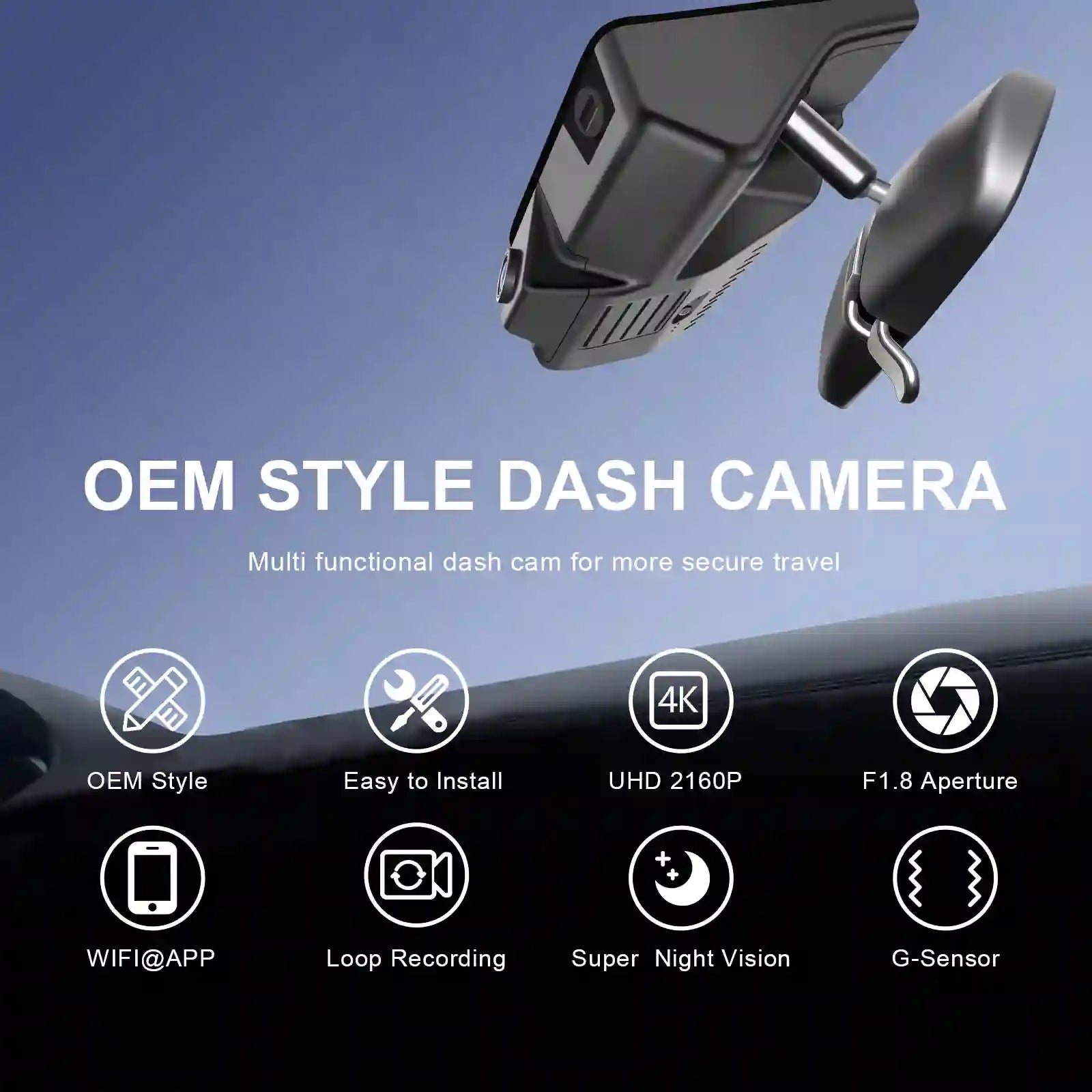 Honda Pilot OEM style 4K dash camera with features listed on a blue and black background