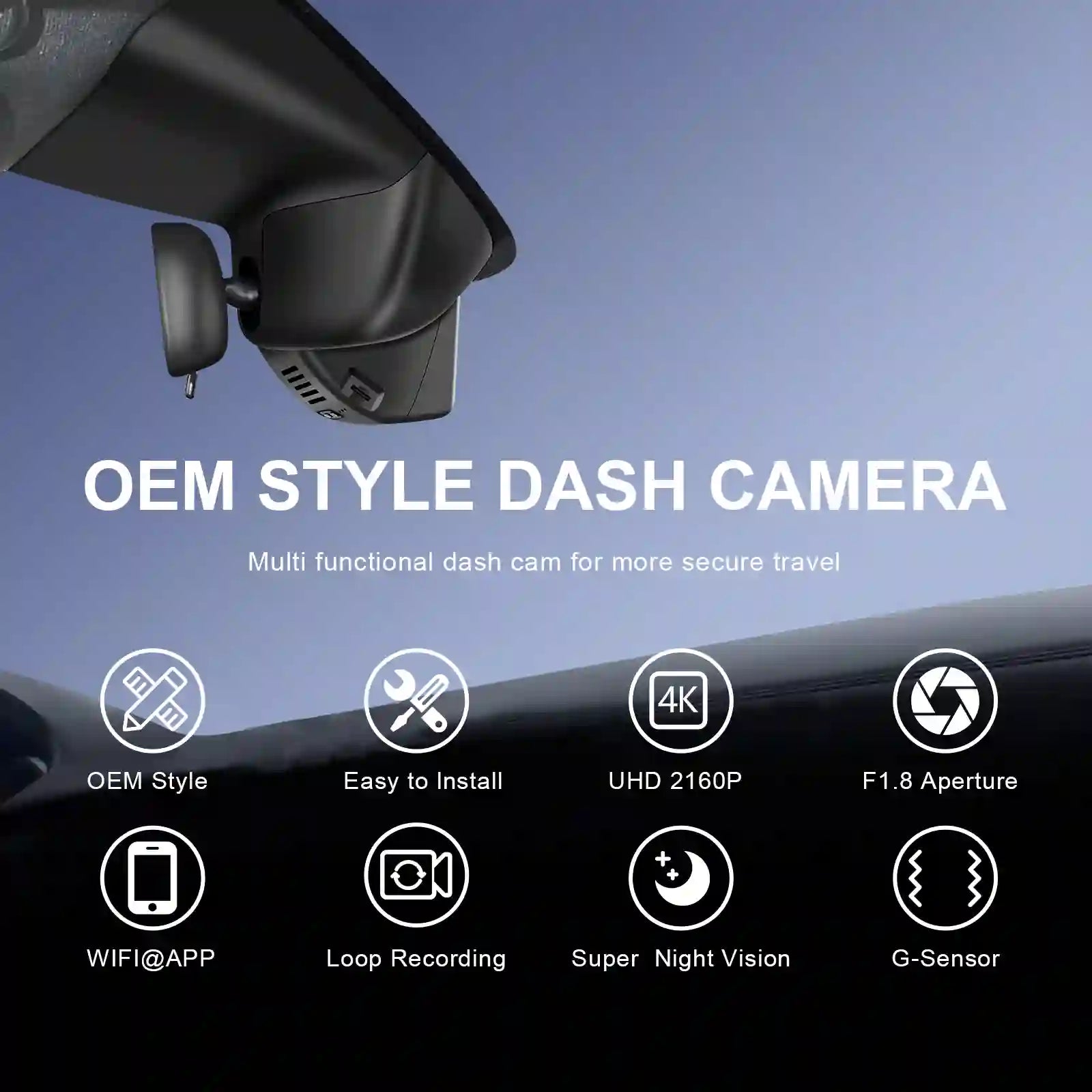 Honda pilot passport Ridgeline OEM style dash camera with features listed on a blue sky background