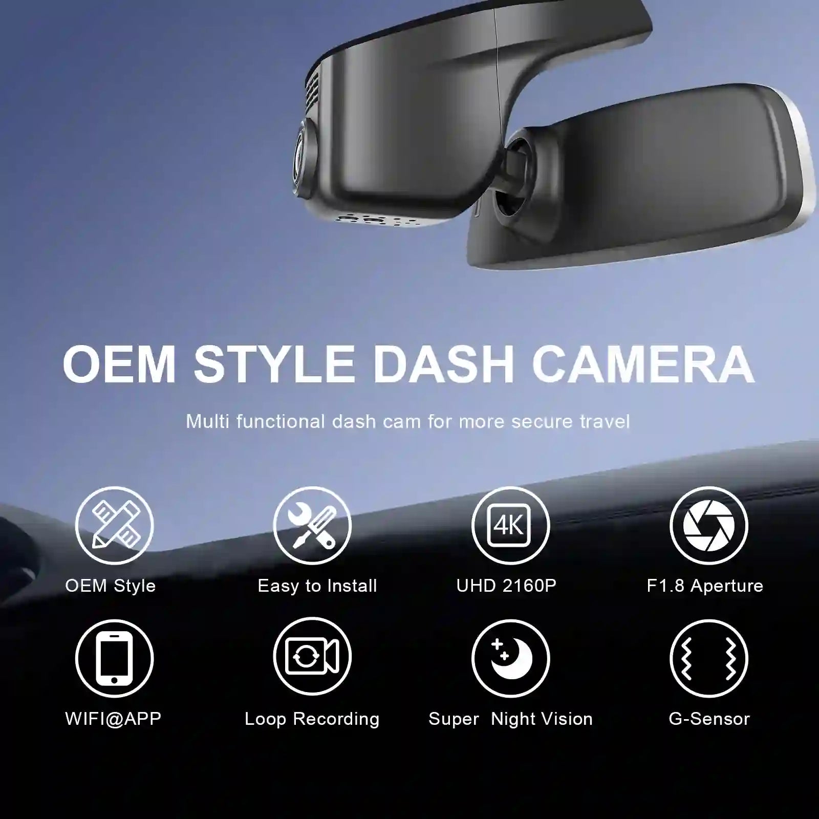 OEM style dash camera with features listed on a blue and black background
