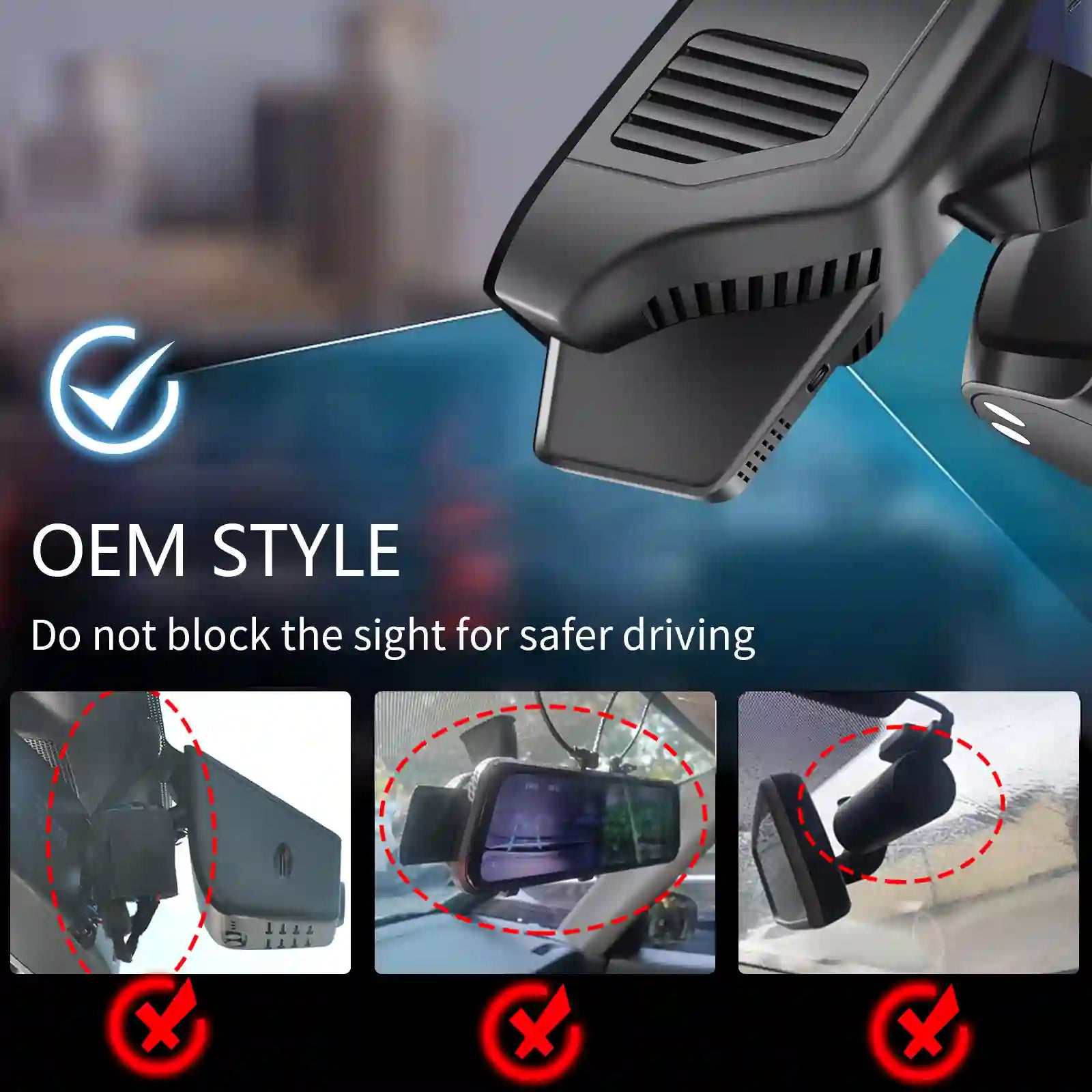 Car windscreen cleaning device with text about safe driving and OEM style.
