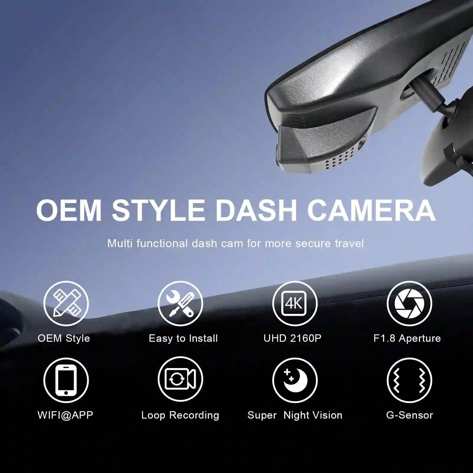 OEM style dash camera for lexus UX  with features listed on a blue and black background