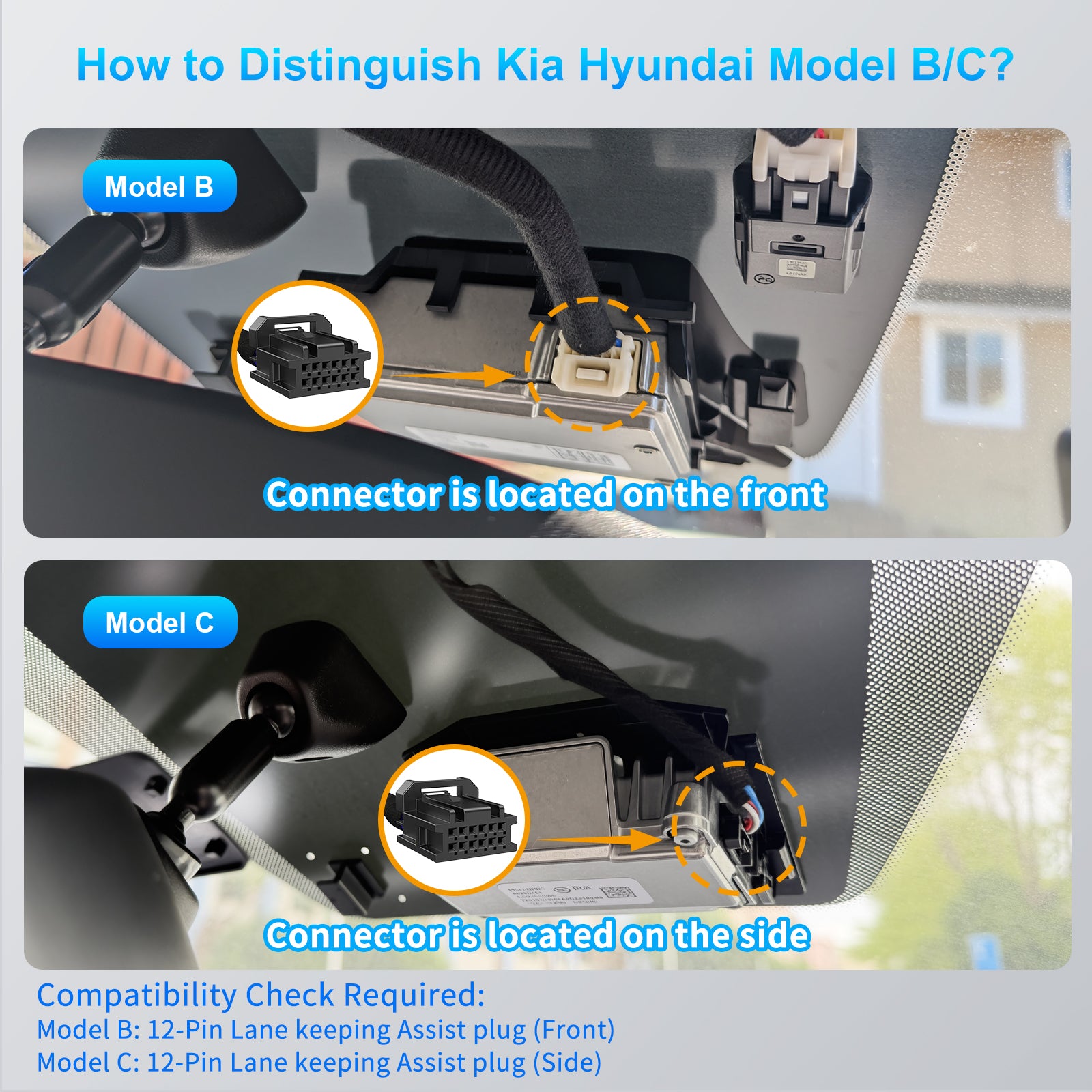 DashCam Power Adapter for Hyundai, Kia & Genesis with 12-Pin Lane Keeping Assist Port (Model C)– Hidden Cable Kit for GPS Radar Mirror Camera, Plug & Play,Connector Located on the Side of the Module