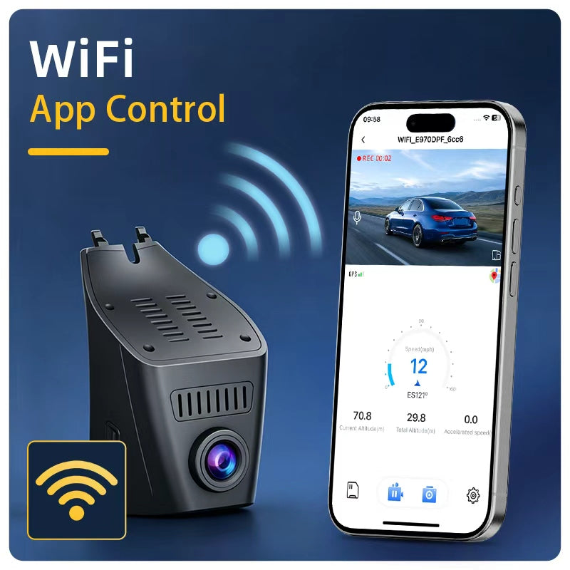 Dash cam connected to smartphone app via WiFi for easy access, real-time viewing, and video sharing