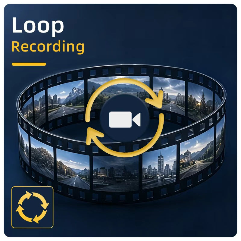 Dash cam with loop recording continuously overwriting old footage to ensure uninterrupted 24/7 protection