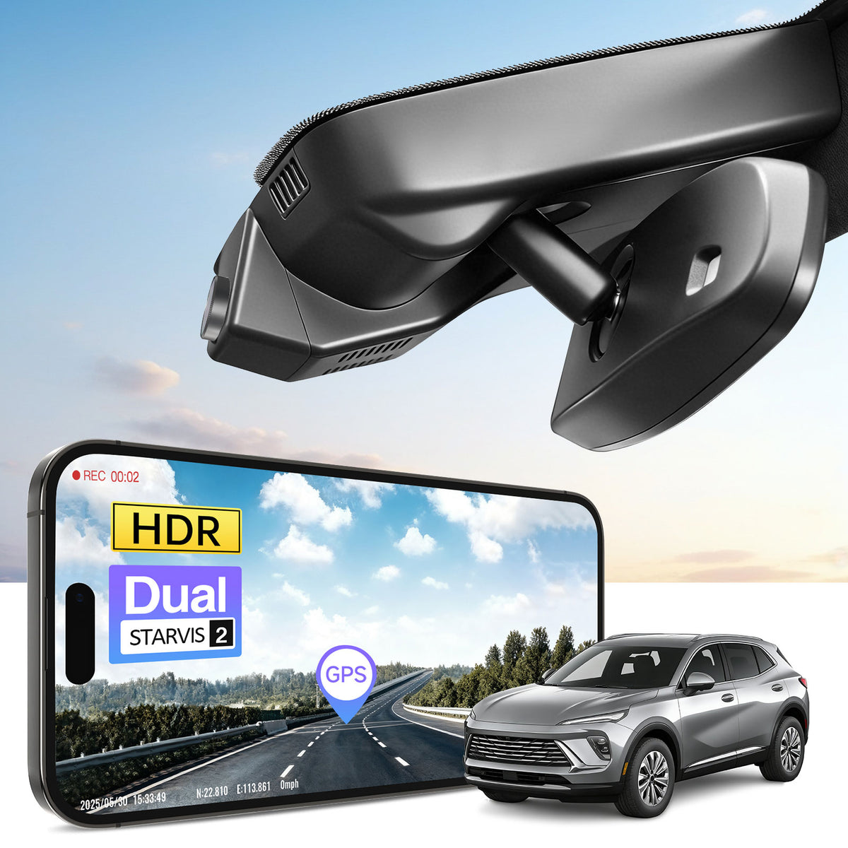 Car rearview mirror built-in dash cam with smartphone app control, 4K Ultra HD recording, GPS tracking, and Buick Envista models in the background.