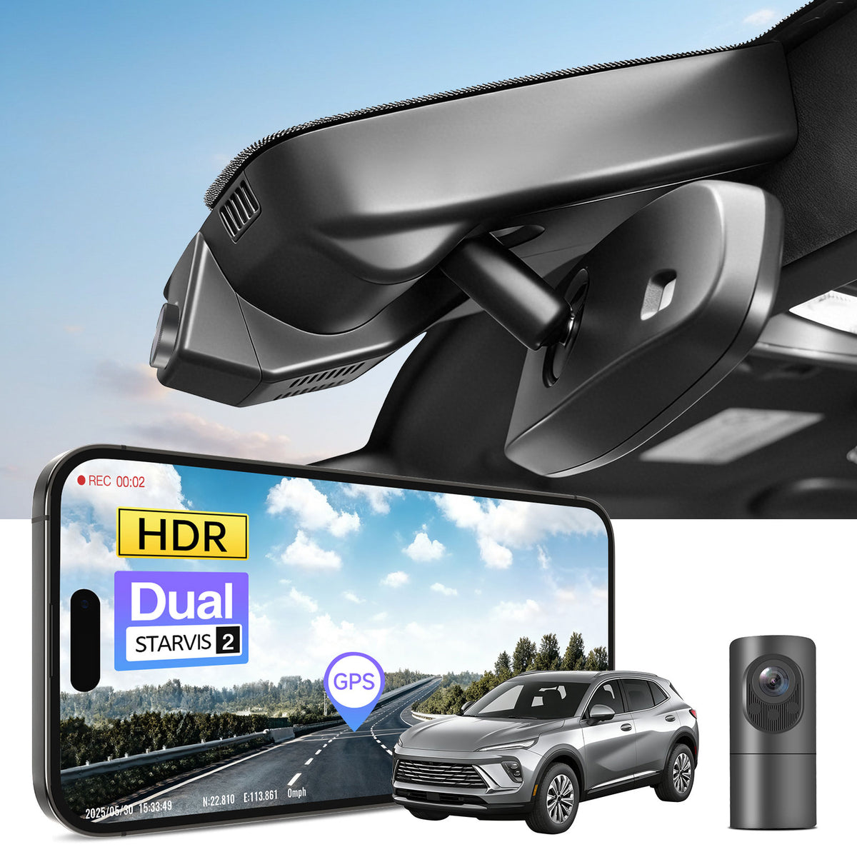 Car rearview mirror built-in dash cam with smartphone app control, 4K Ultra HD recording, GPS tracking, and Buick Envista SUV models in the background.