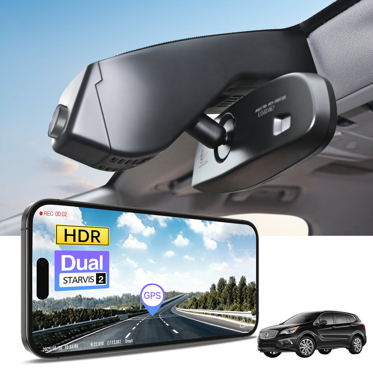 Car rearview mirror built-in dash cam with smartphone app control, 4K Ultra HD recording, GPS tracking, and Buick Enclave SUV models in the background.