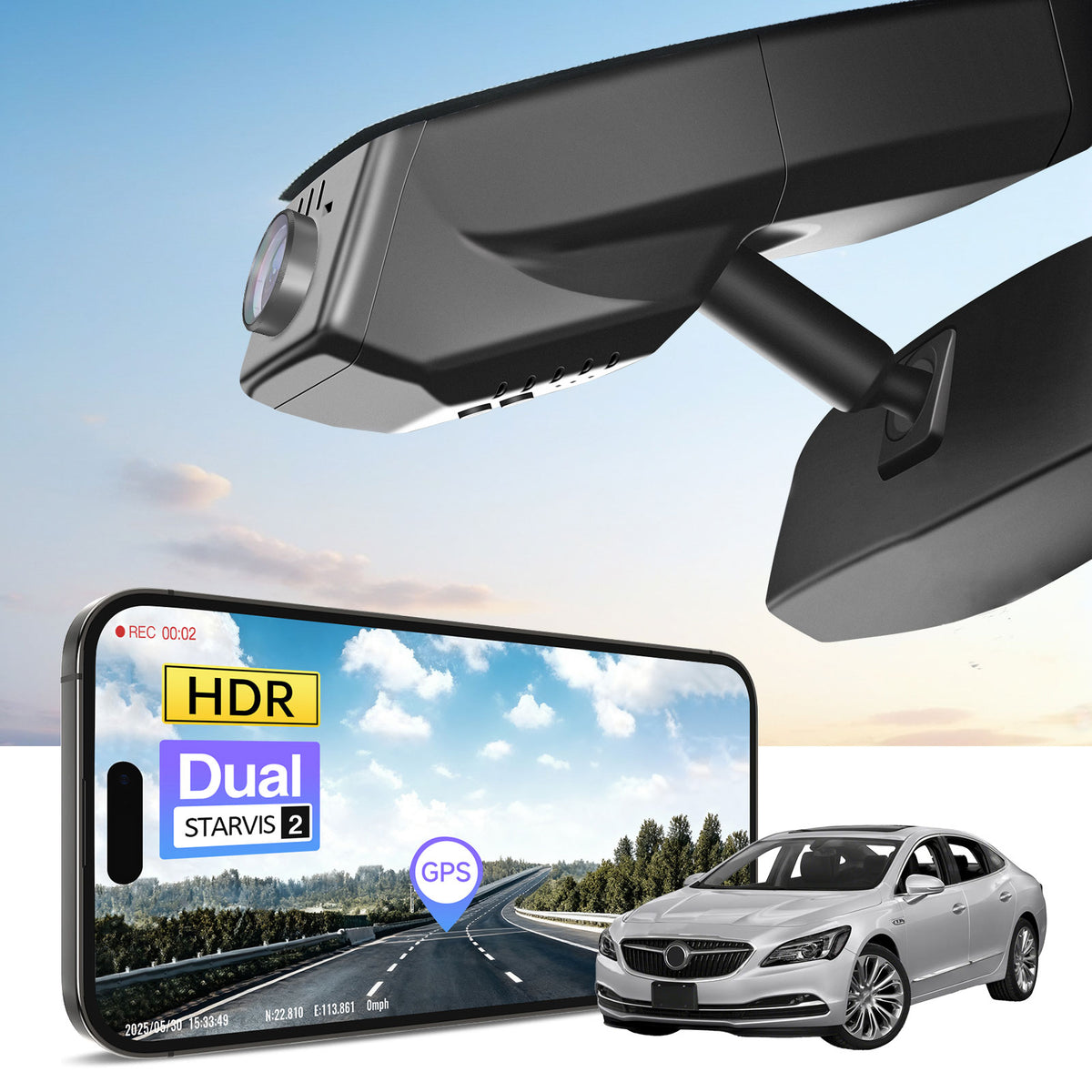 Car rearview mirror built-in dash cam with smartphone app control, 4K Ultra HD recording, GPS tracking, and Buick Lacrosse car models in the background.