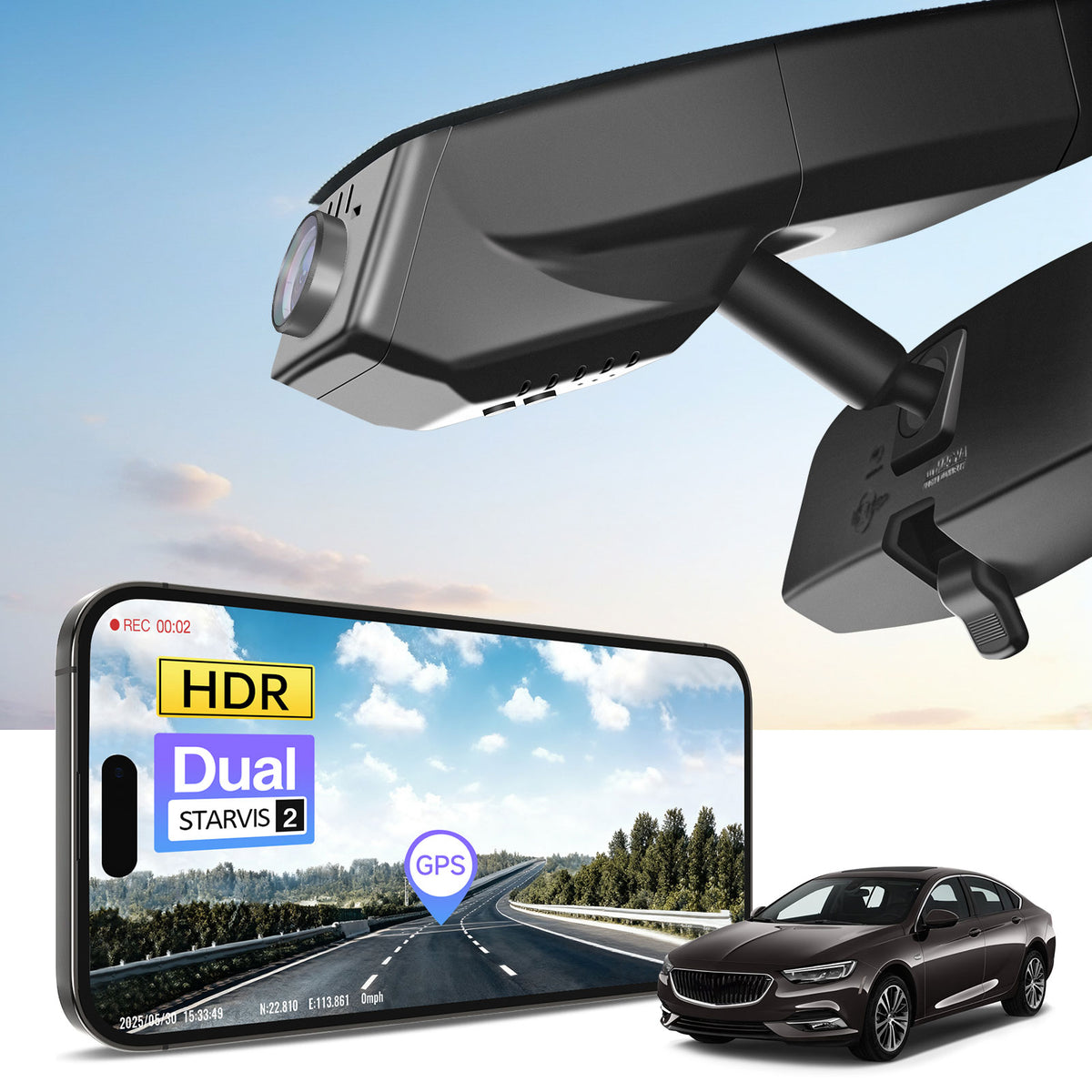 Car rearview mirror built-in dash cam with smartphone app control, 4K Ultra HD recording, GPS tracking, and Buick Regal car models in the background.