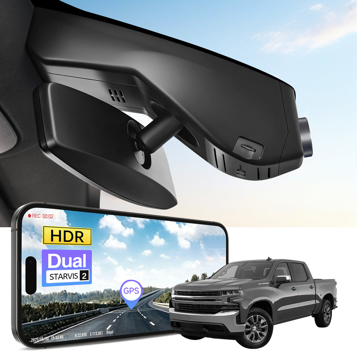 Car rearview mirror built-in dash cam with smartphone app control, 4K Ultra HD recording, GPS tracking, and Chevy Silverado pickup truck models in the background.