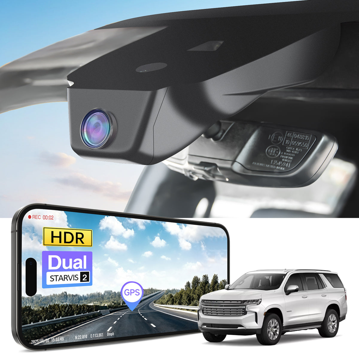 Car rearview mirror built-in dash cam with smartphone app control, 4K Ultra HD recording, GPS tracking, and Chevy Suburban Tahoe SUV models in the background.