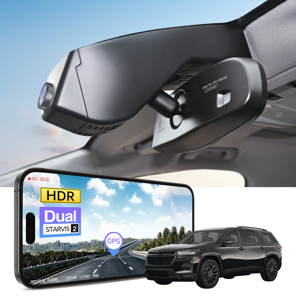 Car rearview mirror built-in dash cam with smartphone app control, 4K Ultra HD recording, GPS tracking, and Chevy Traverse SUV models in the background.