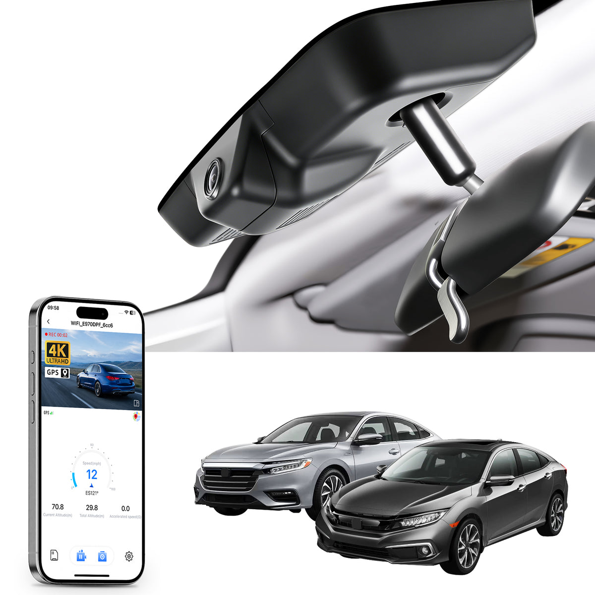 Car rearview mirror built-in dash cam with smartphone app control, 4K Ultra HD recording, GPS tracking and Honda Gen10 Civic models in the background.