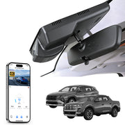 Car rearview mirror built-in dash cam with smartphone app control, 4K Ultra HD recording, GPS tracking and Hyundai Tucson & Santa models in the background.