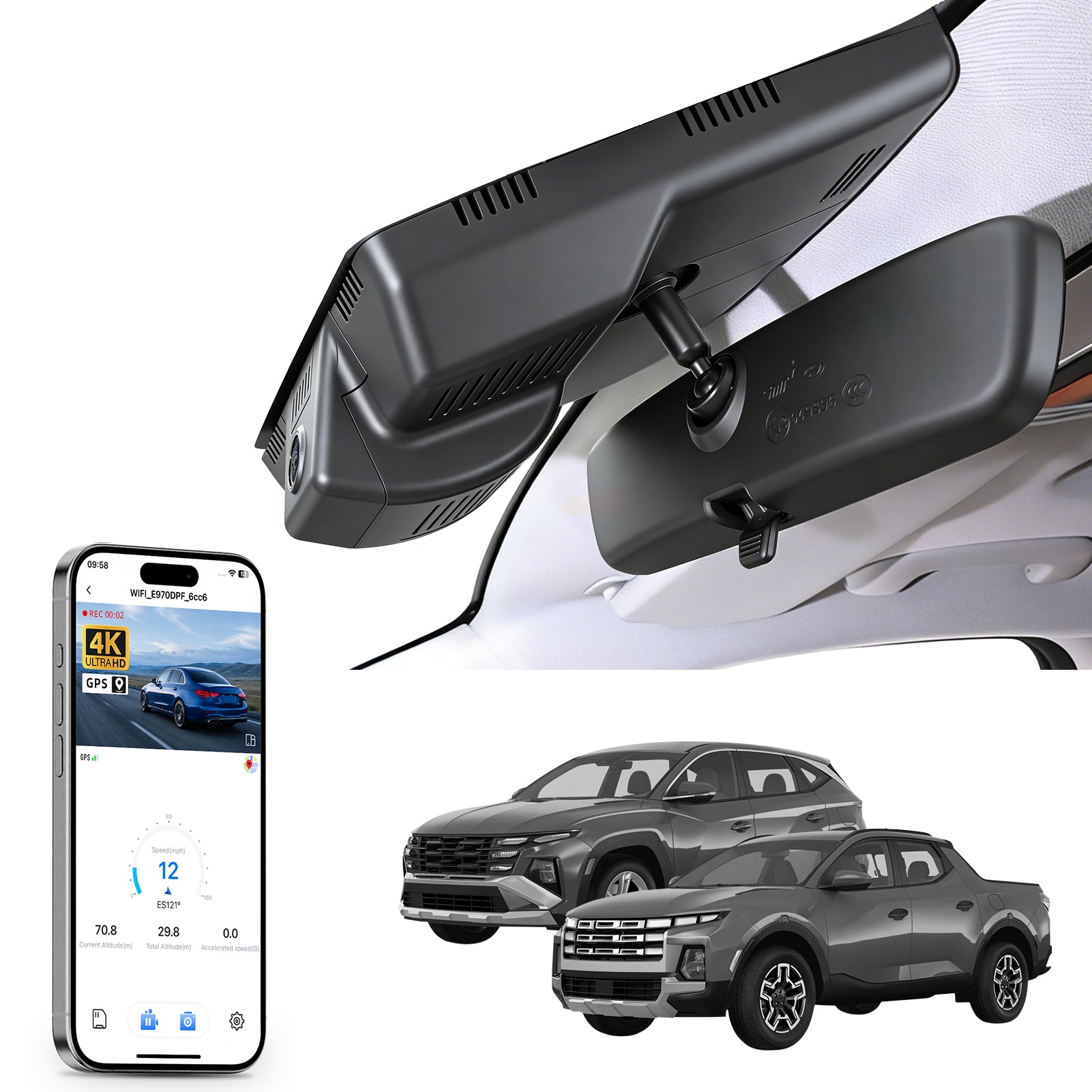 Car rearview mirror built-in dash cam with smartphone app control, 4K Ultra HD recording, GPS tracking and Hyundai Tucson & Santa models in the background.