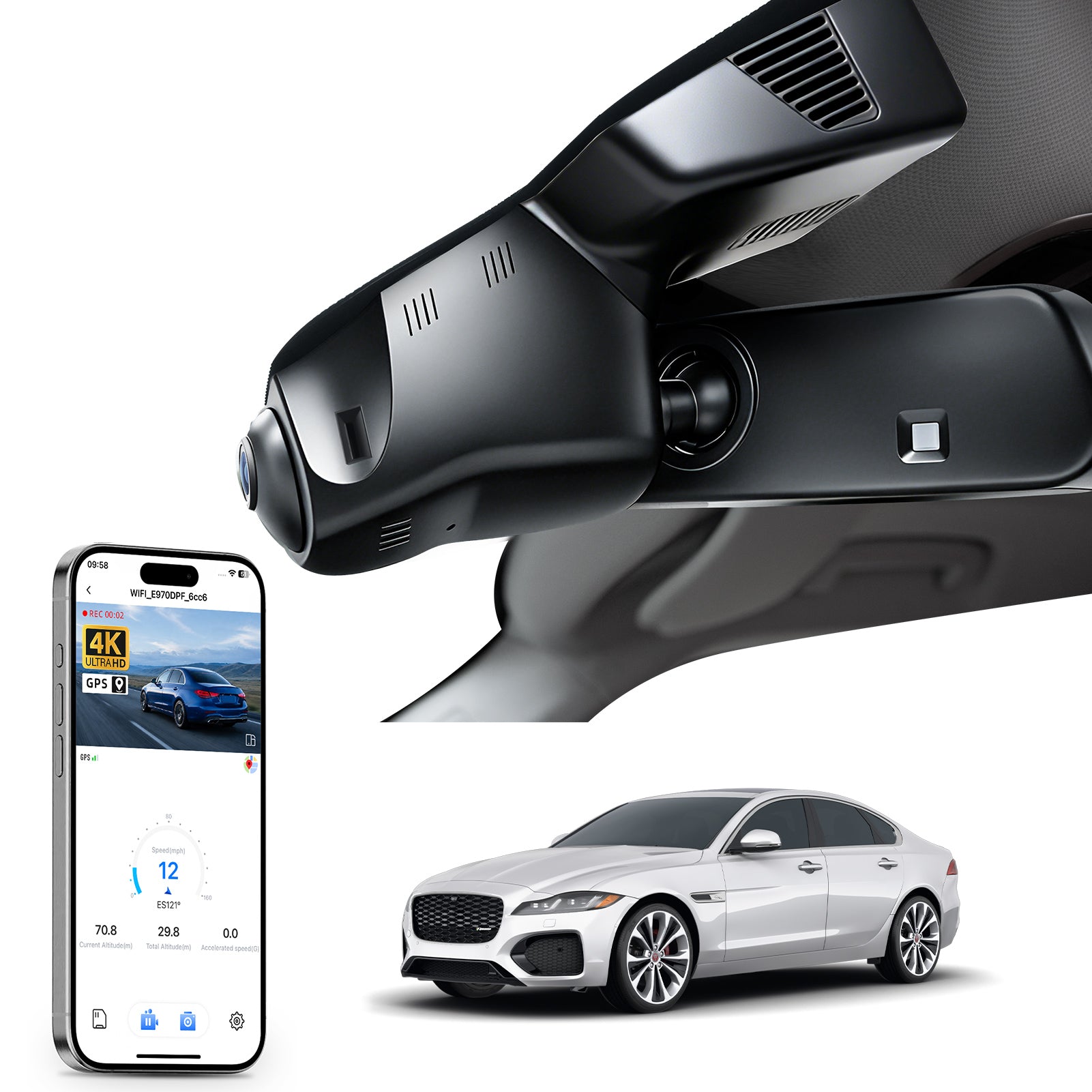 Car rearview mirror built-in dash cam with smartphone app control, 4K Ultra HD recording, GPS tracking and Jaguar XE models in the background.