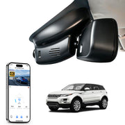 Car rearview mirror built-in dash cam with smartphone app control, 4K Ultra HD recording, GPS tracking and Land Rover Range Rover Evoque models in the background.