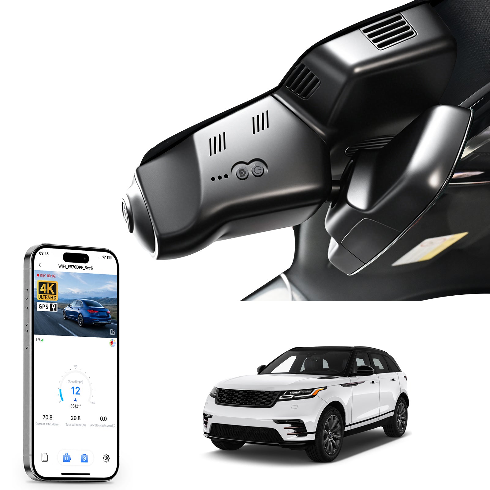 Car rearview mirror built-in dash cam with smartphone app control, 4K Ultra HD recording, GPS tracking and Land Rover Range Roverr Velar models in the background.