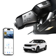 Car rearview mirror built-in dash cam with smartphone app control, 4K Ultra HD recording, GPS tracking and Land Rover Range Roverr Velar models in the background.