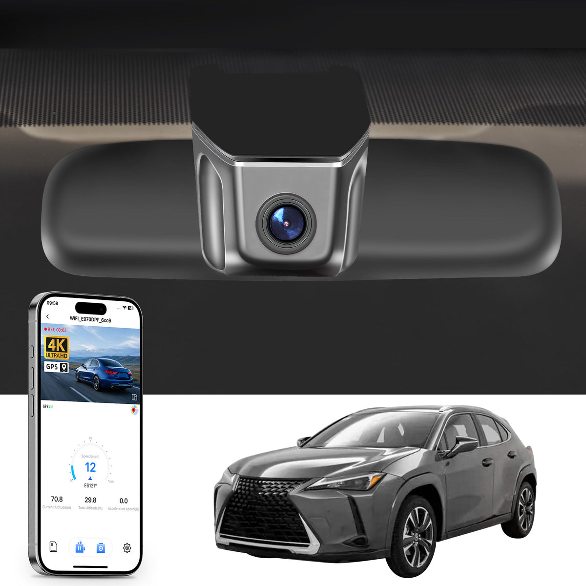 Car rearview mirror built-in dash cam with smartphone app control, 4K Ultra HD recording, GPS tracking and Lexus UX models in the background.