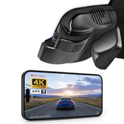 Car rearview mirror built-in dash cam with smartphone app control, 4K Ultra HD recording, GPS tracking and Mercedes-Benz GLC Gen2 models in the background.