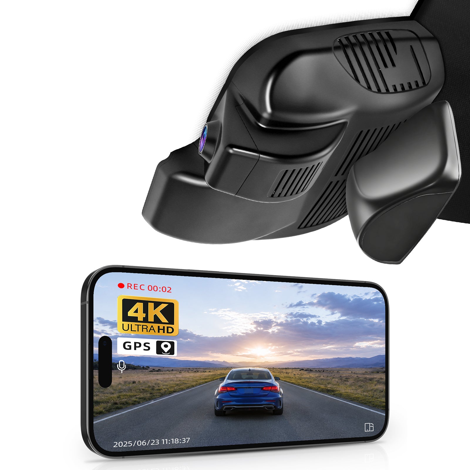 Car rearview mirror built-in dash cam with smartphone app control, 4K Ultra HD recording, GPS tracking and Mercedes-Benz GLC Gen2 models in the background.