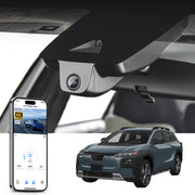 Car rearview mirror built-in dash cam with smartphone app control, 4K Ultra HD recording, GPS tracking and Subaru Trailseeker models in the background.