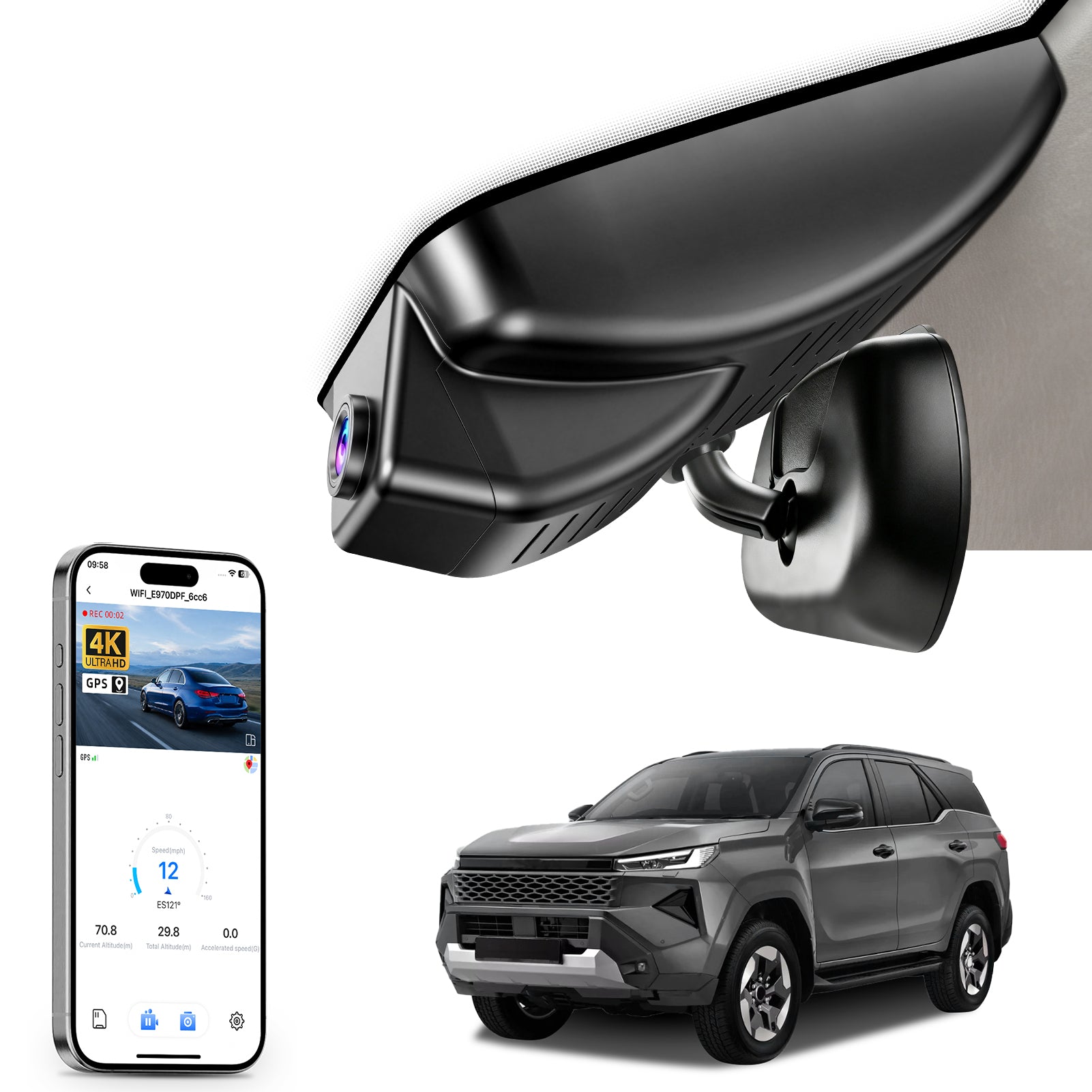 Car rearview mirror built-in dash cam with smartphone app control, 4K Ultra HD recording, GPS tracking, and Toyota Hilux(pickup) & Fortuner(SUV) models in the background.