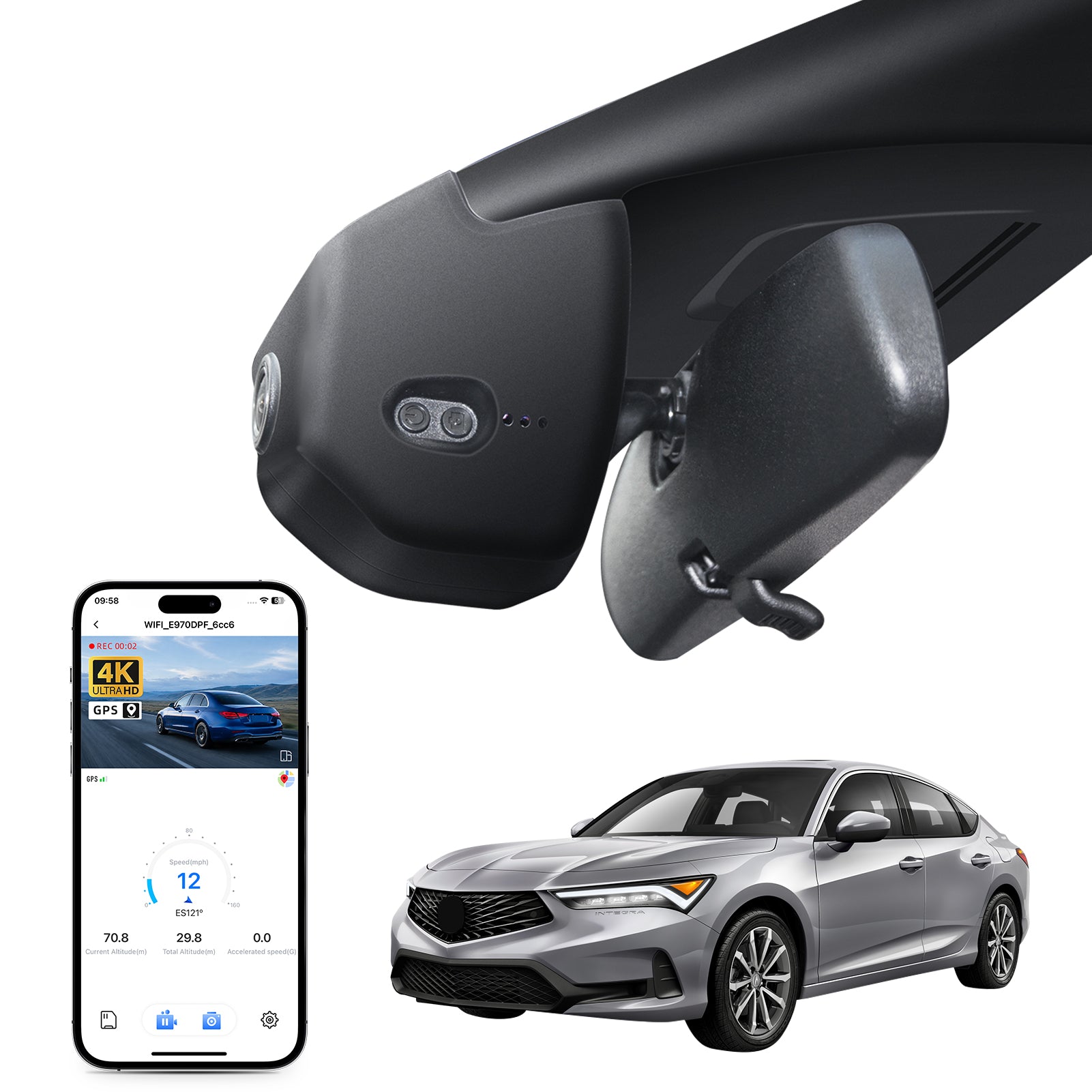 Mangoal rearview mirror built-in dash cam with smartphone app control, 4K Ultra HD recording, GPS tracking, and   Acura Integra Black models in the background.